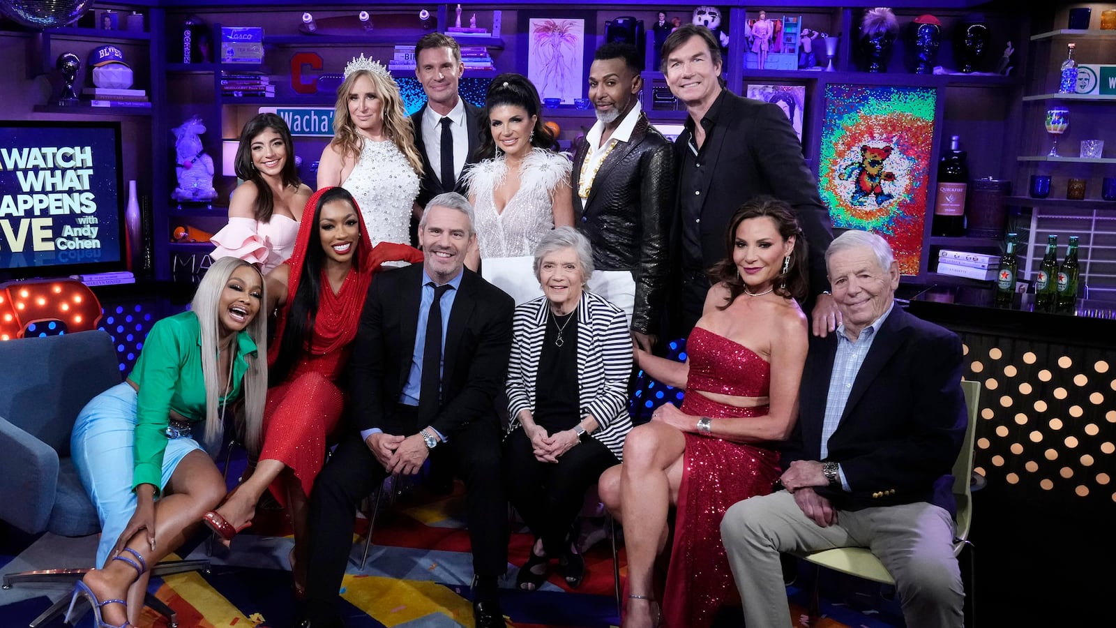 Pictured: (l-r) Phaedra Parks; Milania Giudice; Porsha Williams, Sonja Morgan, Andy Cohen, Jeff Lewis, Teresa Giudice, Evelyn Cohen, Dwight Eubanks, Jerry O'Connell, Luann de Lesseps, Lou Cohen.