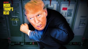 A photo illustration of Donald Trump hiding in an airplane catering cargo hold for Inside Trump's Head podcast.