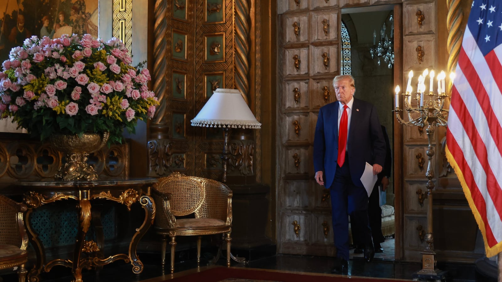 Donald Trump arrives for a press conference with Speaker of the House Mike Johnson (R-LA) at Mr. Trump's Mar-a-Lago estate on April 12, 2024, in Palm Beach, Florida.