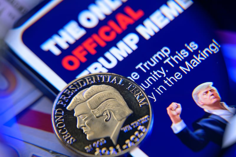 A representation of the $Trump meme coin in Brussels, Belgium, last February.
