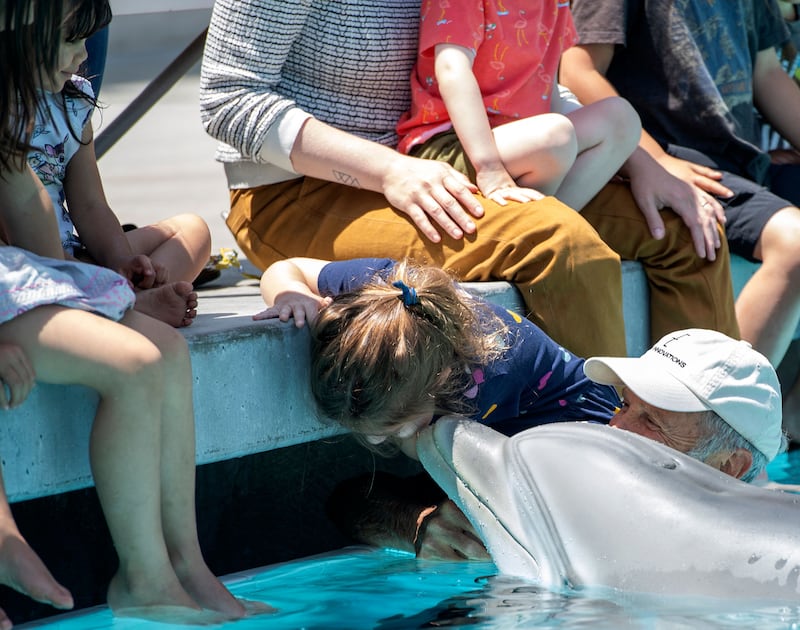 A young girl plays with an animatronic Dolphin during a Los Angeles PETA event in 2021.