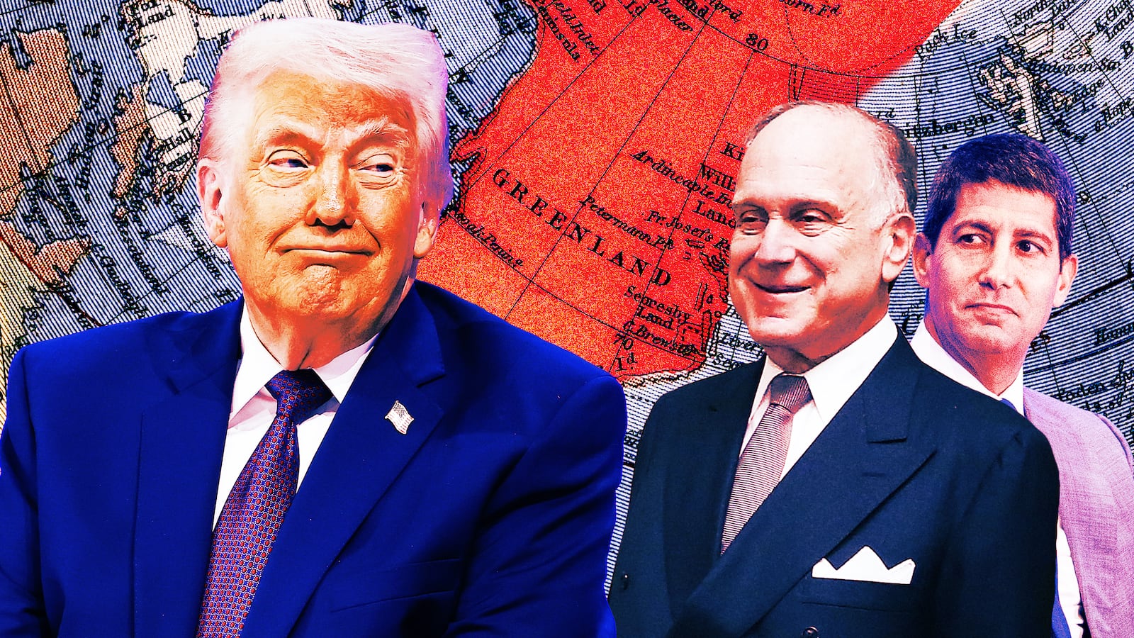A photo illustration of a map of Greenland, Donald Trump, Ron Lauder, and Kevin Warsh.