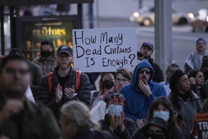 Protesters gather in front of the Federal Building at the protests for Renee Good and Alex Pretti the 2 American citizens killed by Border Patrol Agents in Minnesota, United States on January 24, 2026.