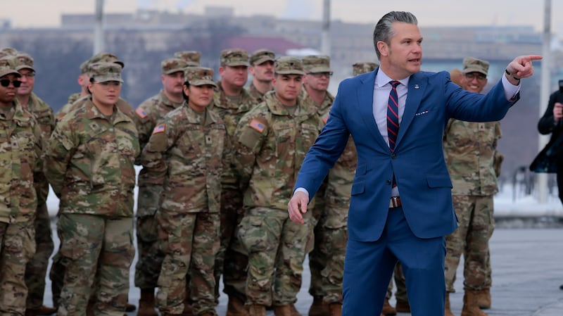 U.S. Secretary of War Pete Hegseth address a group of National Guard troops before conducting their re-enlistment ceremony at the base of the Washington Monument on February 06, 2026 in Washington, DC.