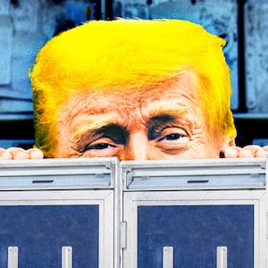 A photo illustration of Donald Trump inside an airline catering food cargo hold.