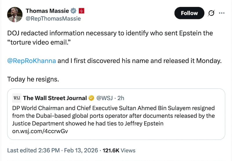 Rep. Thomas Massie's X.com post about the "torture video" sender.