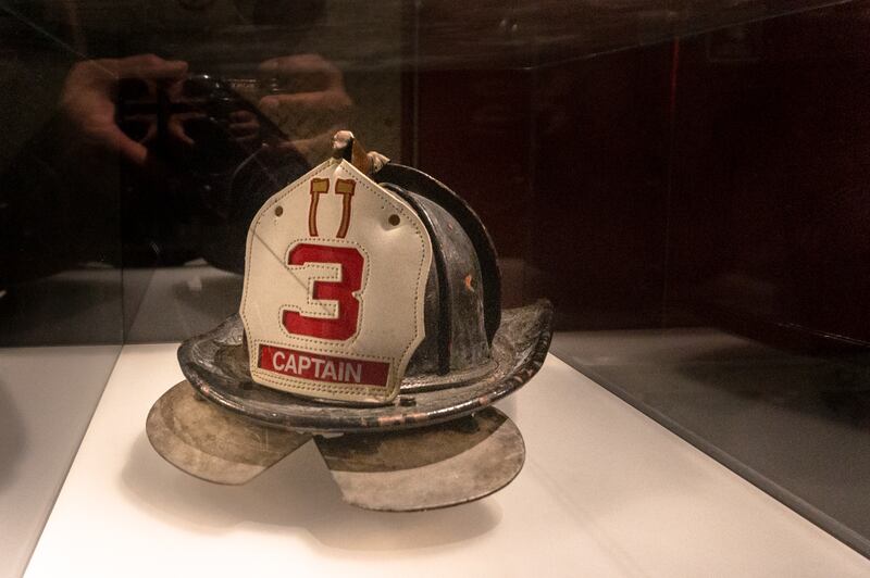 A helmet belonging to the FDNY Captain Patrick 'Paddy' John Brown who died during the terrorist attack of September 11. The historical piece is seen in the '9/11 Memorial Museum'.