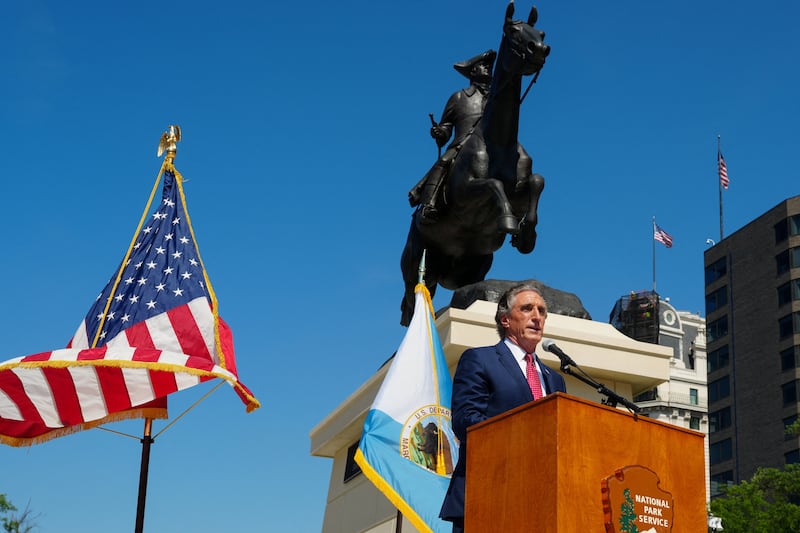 U.S. Interior Secretary Doug Burgum speaks during the ceremonial reopening of Freedom Plaza to mark "the revitalization of one of the nation's most prominent civic gathering spaces" with new statues, including controversial founding father Caesar Rodney, who was a slave owner, in Washington, D.C., U.S., June 30, 2026.