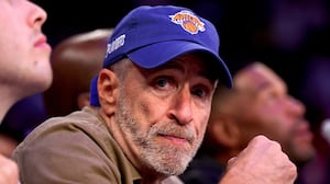 Jon Stewart looks on in Game Six of the Eastern Conference Second Round NBA Playoffs between the New York Knicks and the Boston Celtics at Madison Square Garden on May 16, 2025, in New York City.