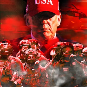 A photo illustration of President Donald Trump surrounded by red smoke and DHS ICE agents.