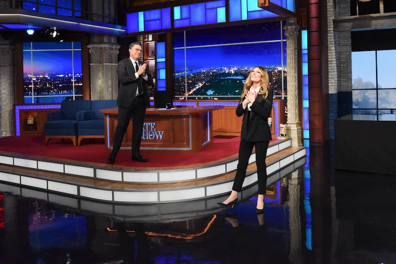 NEW YORK CITY - MARCH 3: The Late Show with Stephen Colbert and guest Laura Benanti during Monday's March 3, 2025 show. (Photo by Scott Kowalchyk/CBS via Getty Images)