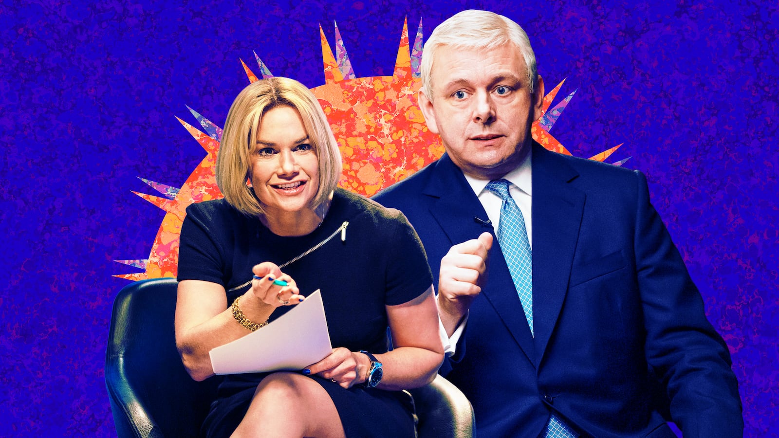 A photo illustration of Ruth Wilson and Michael Sheen on A Very Royal Scandal