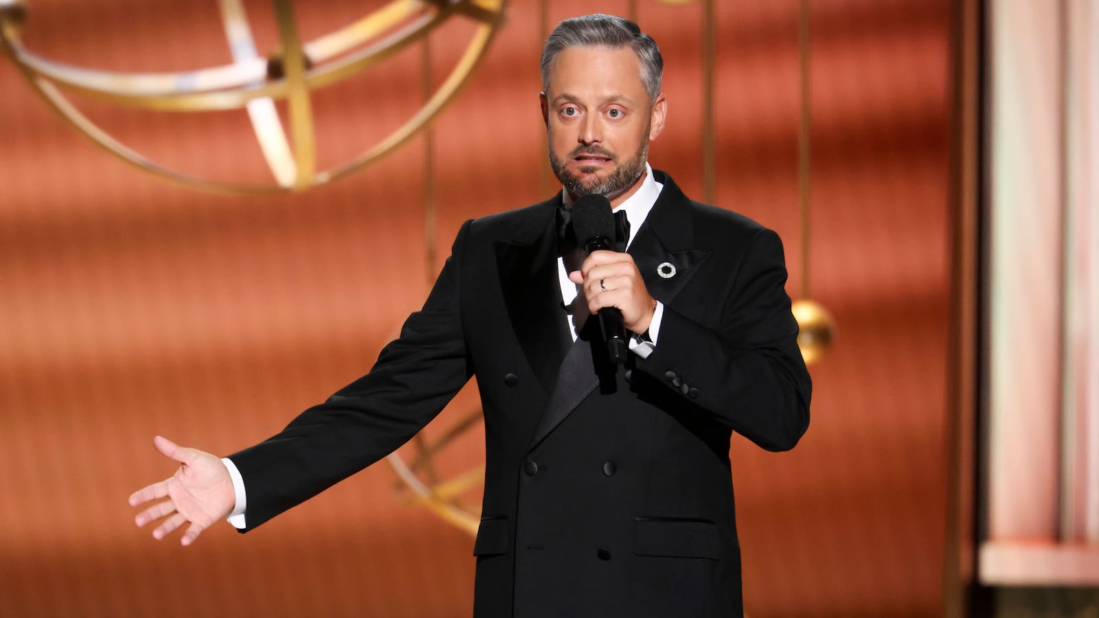 Host Nate Bargatze speaks onstage during The 77th Primetime Emmy Awards at Peacock Theater on September 14, 2025 in Los Angeles, California.