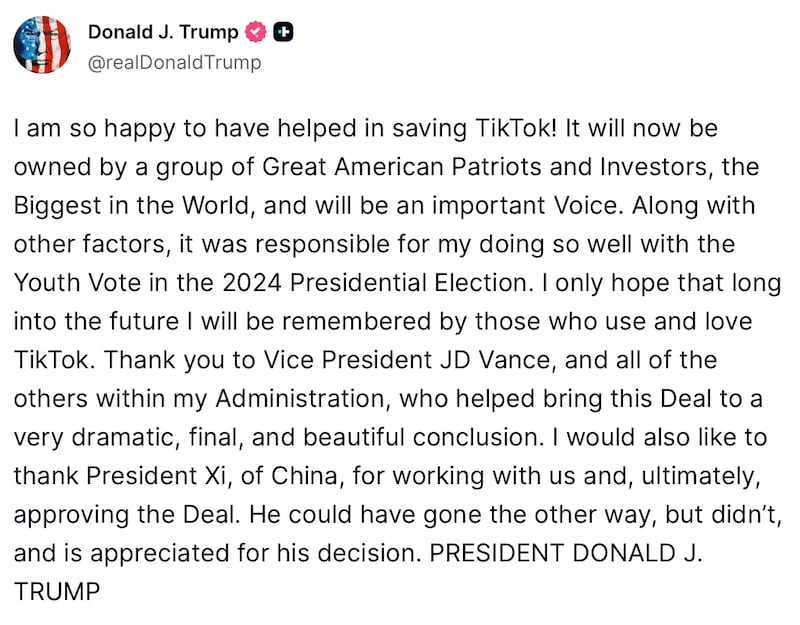 Donald Trump posts about TikTok on Truth Social.