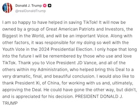 Donald Trump posts about TikTok on Truth Social.