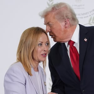 SHARM EL SHEIKH, EGYPT - OCTOBER 13: U.S. President Donald Trump (R) greets Italy's Prime Minister Giorgia Meloni during a summit of European and Middle Eastern leaders on October 13, 2025 in Sharm El Sheikh, Egypt. President Trump is in Egypt to meet with European and Middle Eastern leaders in what’s being billed as an international peace summit, following the start of a US-brokered ceasefire deal to end the war in the Gaza Strip.