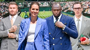A photo collage of David Beckham, Kate Middleton, Usain Bolt, and Benedict Cumberbatch at Wimbledon.
