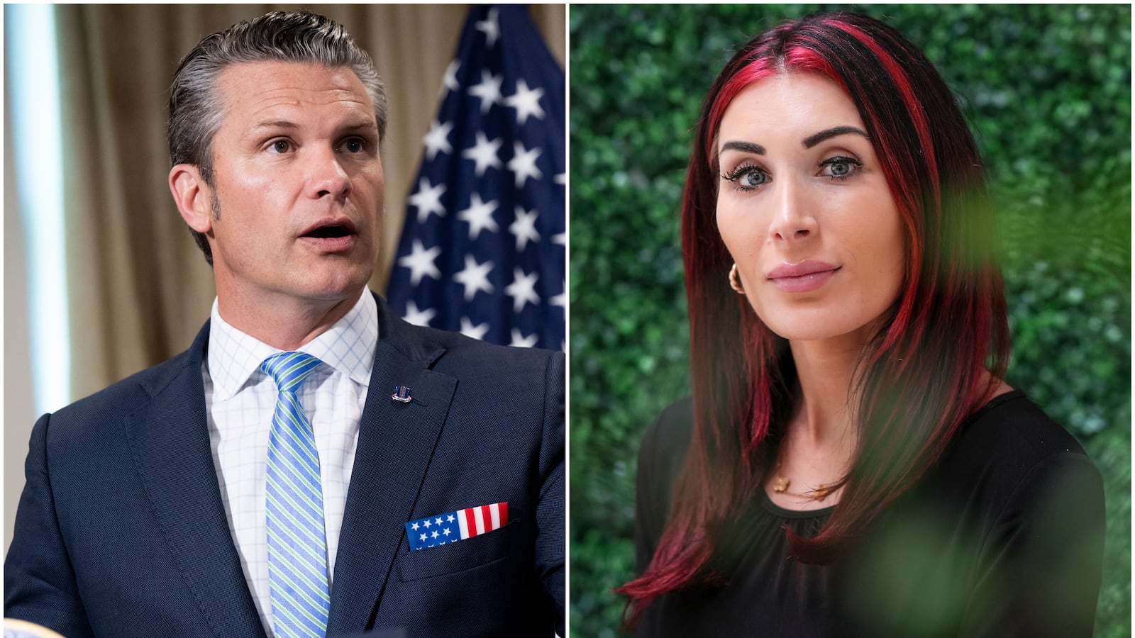 (left) Defense Pete Hegseth speaks prior to meetings between the US, Estonia, Latvia and Lithuania, at the Pentagon in Washington. (Right) Far-right activist Laura Loomer in a photoshoot.