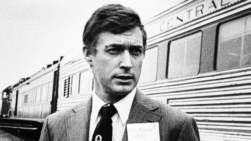 Timothy Mellon, seen outside an inspection train during a property tour in 1981. Exact date and location unknown.