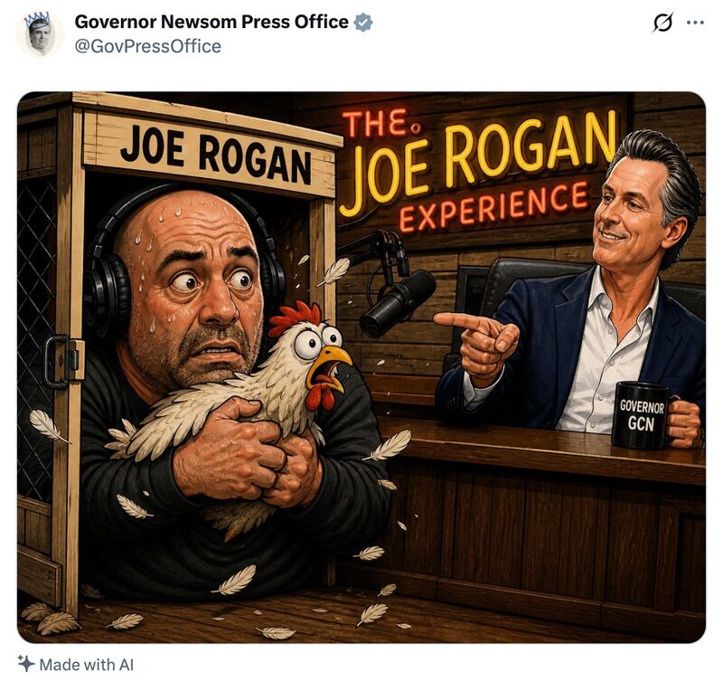 Gavin Newsom posts an AI-generated picture of himself mocking podcaster Joe Rogan.