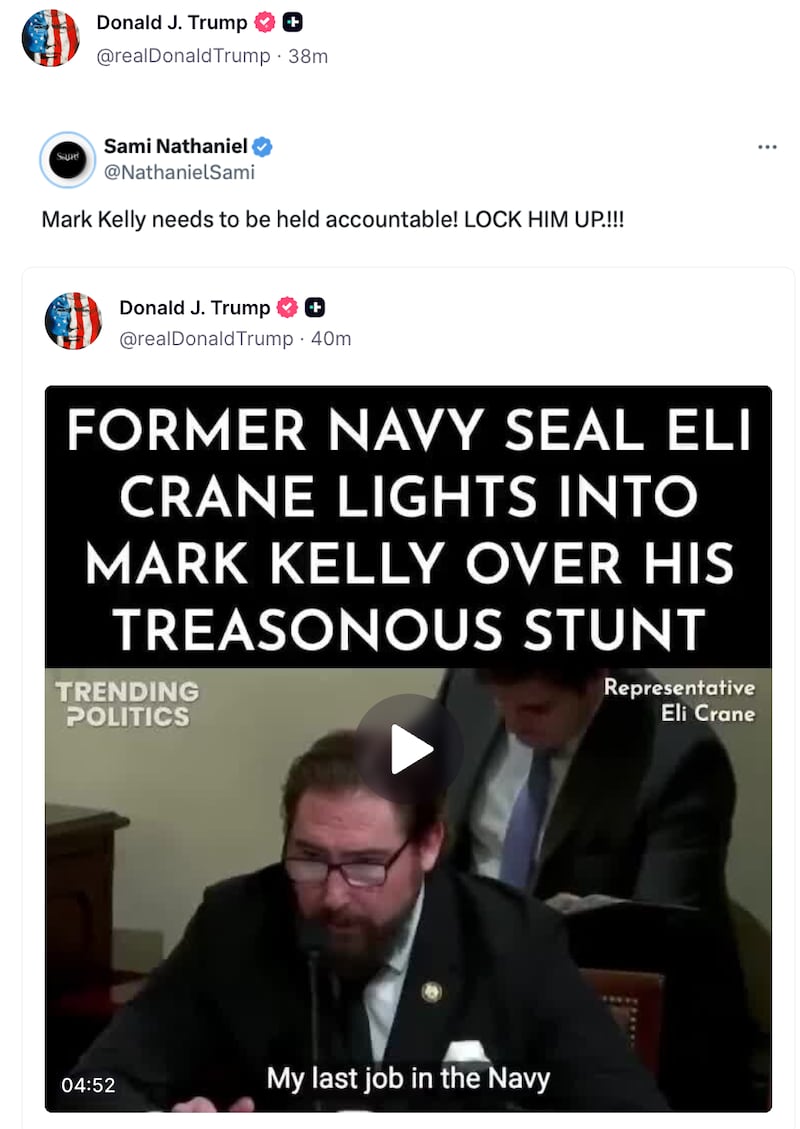 Trump's TruthSocial repost about Sen. Mark Kelly.
