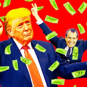 A photo illo illustration of President Trump and Richard Nixon and money flying.