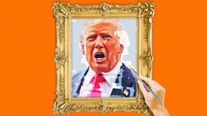 A painting of a portrait of Donald Trump yelling.