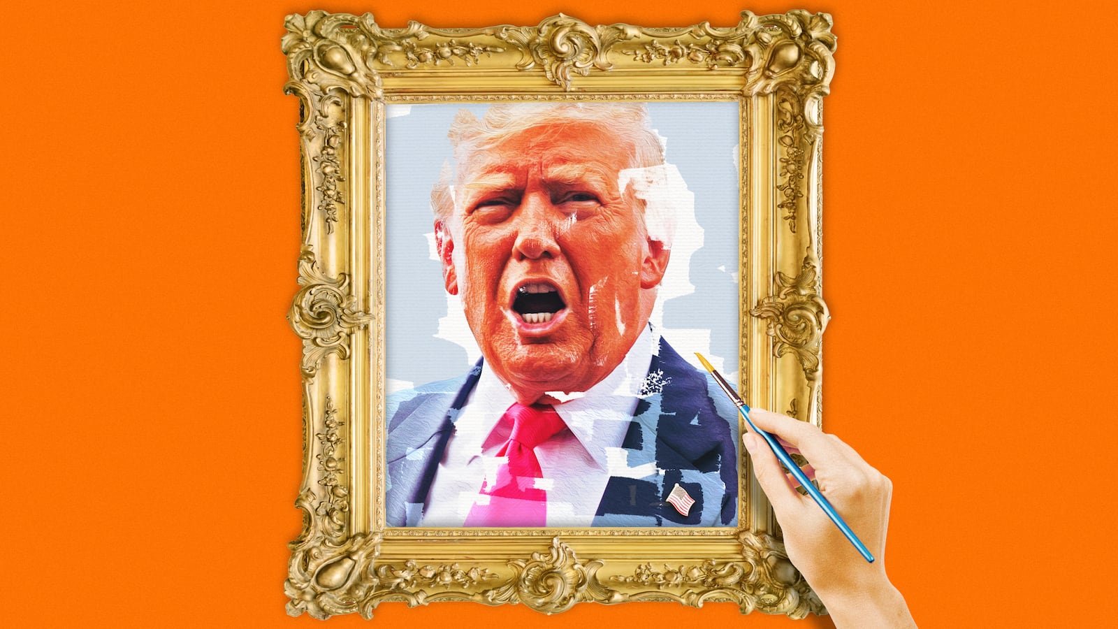 A painting of a portrait of Donald Trump yelling.