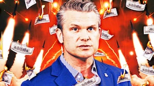 A photo illustration of Pete Hegseth, burning money, and a rocket barrage.