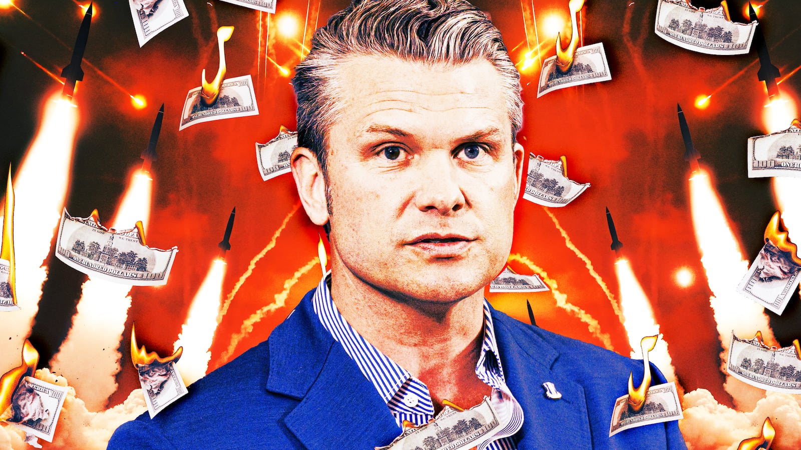 A photo illustration of Pete Hegseth, burning money, and a rocket barrage.