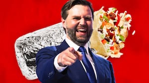 A photo illustration of JD Vance and a Chipotle burrito.