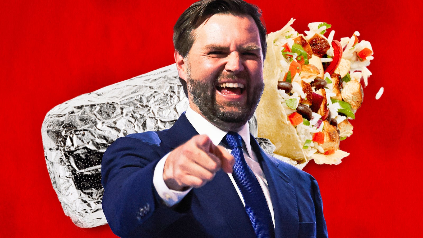 A photo illustration of JD Vance and a Chipotle burrito.
