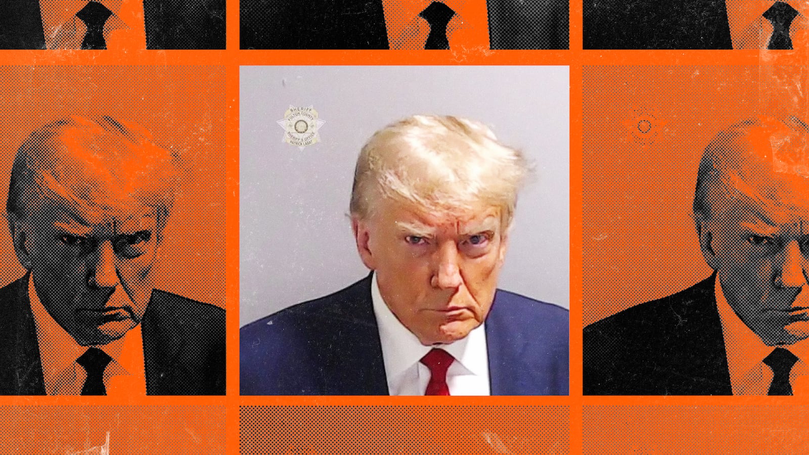 A photo illustration of President Donald Trump's police booking mug shot.
