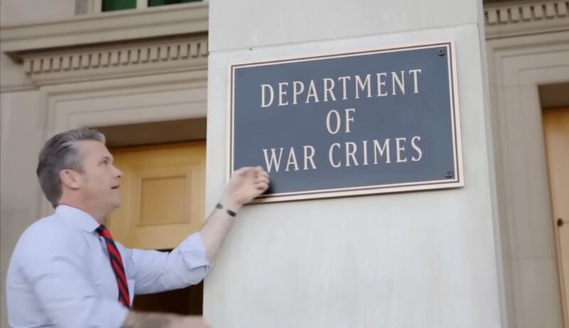 Jimmy Kimmel Live! Edited image of Pete Hegseth putting up a "Department of War Crimes" plaque