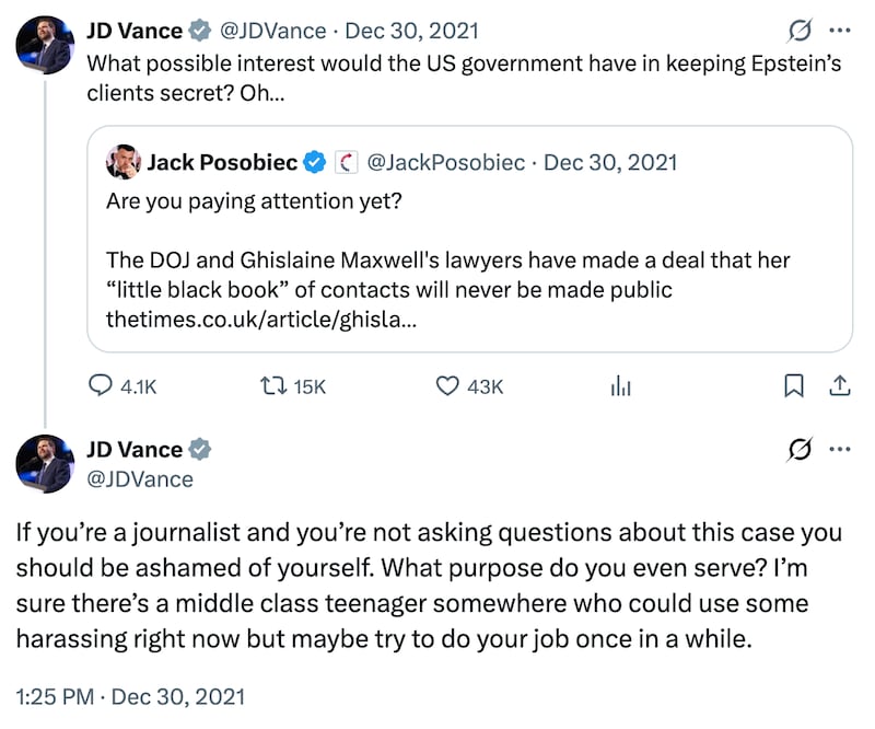 A Vance tweet from 2021 about the Epstein saga.