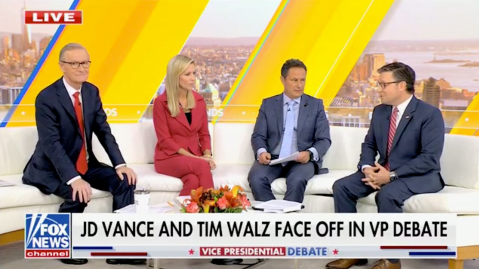 Fox & Friends hosts sit around a coach during the show's October 2, 2024 broadcast.