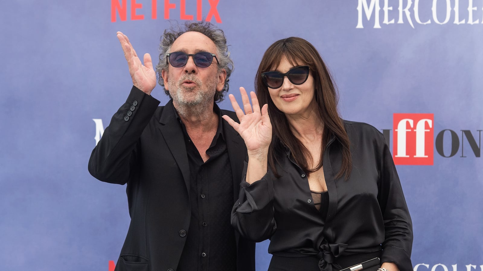 GIFFONI VALLE PIANA, ITALY - JULY 25: Tim Burton and Monica Bellucci attend a photocall during the 55th Giffoni Film Festival 2025 on July 25, 2025 in Giffoni Valle Piana, Italy. (Photo by Ivan Romano/Getty Images)