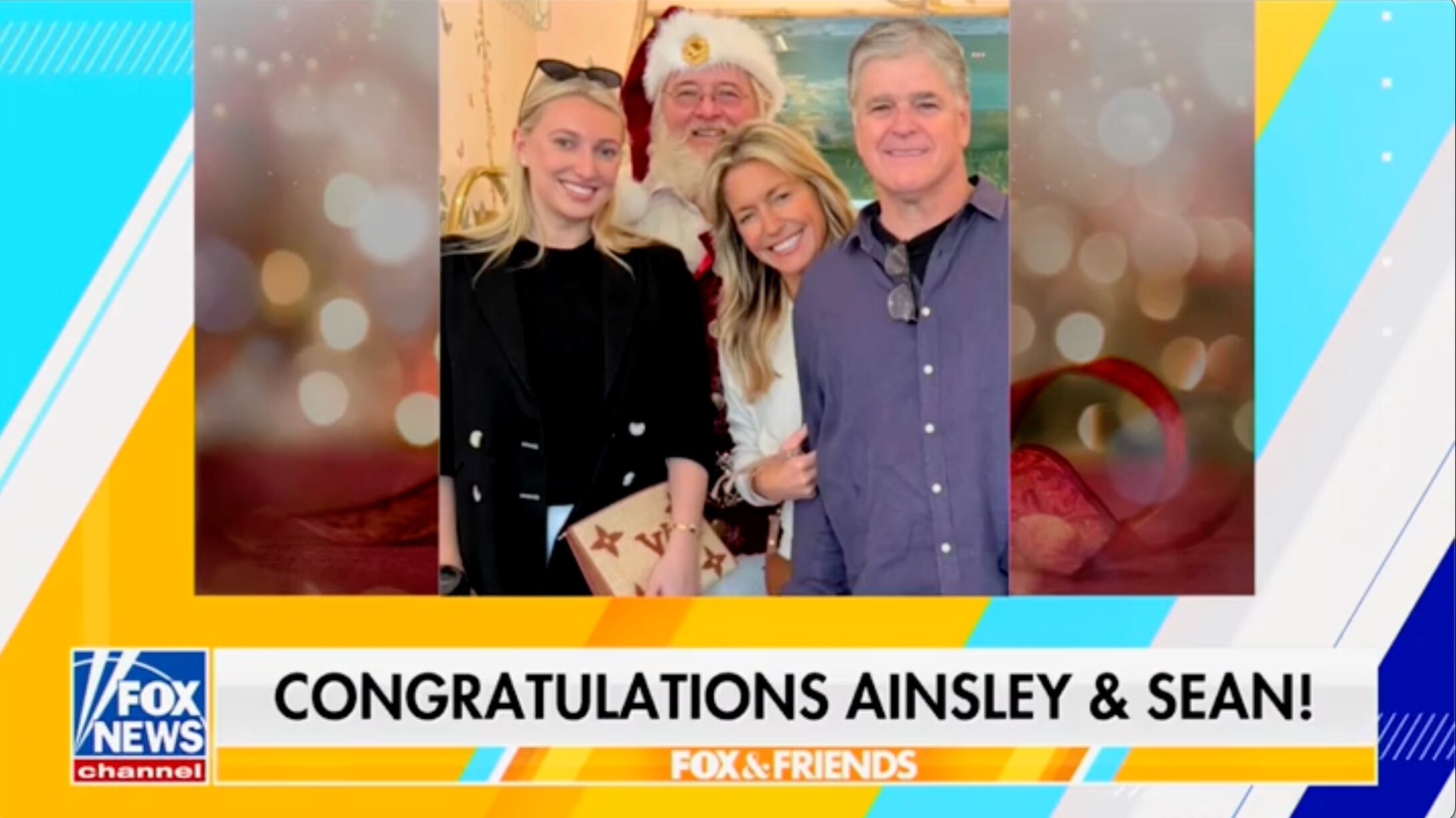 Ainsley Earhardt and Sean Hannity are seen posing together along with a staffer and a man dressed as Santa in a photo shared during the January 6 broadcast of Fox & Friends.