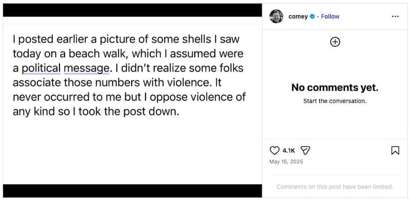 James Comey took down his Instagram post and said he opposed violence of any kind.
