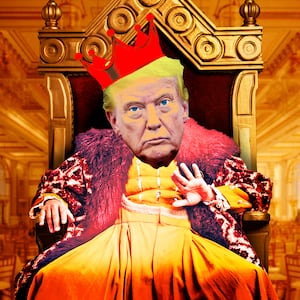 A photo illustration of President Donald Trump as a king on a throne inside the mock-up of his White House Ballroom.