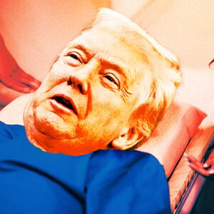 A photo illustration of Donald Trump going into an MRI machine.