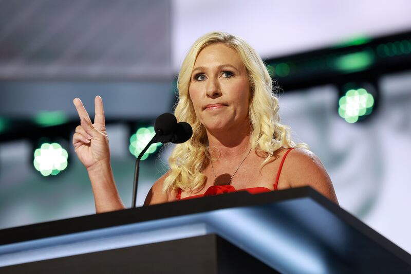Rep. Marjorie Taylor Greene (R-GA) speaks on stage on the first day of the Republican National Convention at the Fiserv Forum on July 15, 2024 in Milwaukee, Wisconsin.