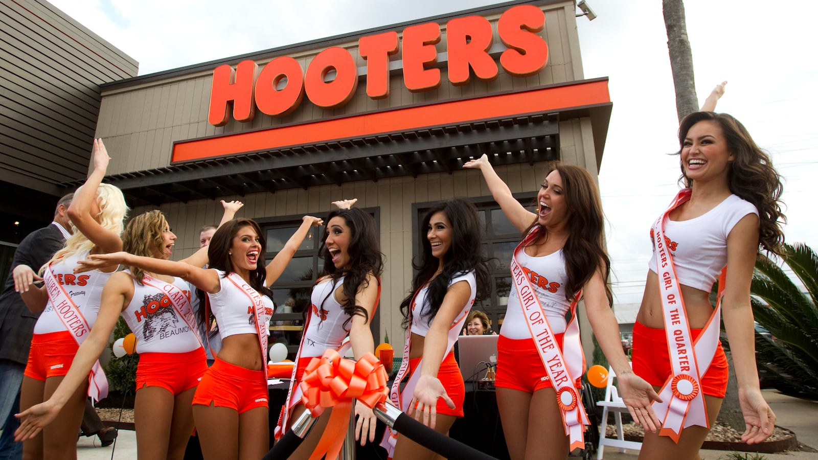 A line of Hooters Girls announce the grand re-opening of the Hooters on Kirby following a ceremony Wednesday, Jan. 23, 2013, in Houston. ( Brett Coomer / Houston Chronicle ) (Photo by Brett Coomer/Houston Chronicle via Getty Images)