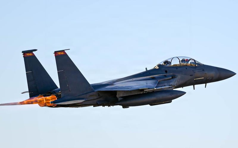 An F-15E Strike Eagle takes off for a combat flight during Operation Epic Fury, on March 16, 2026.