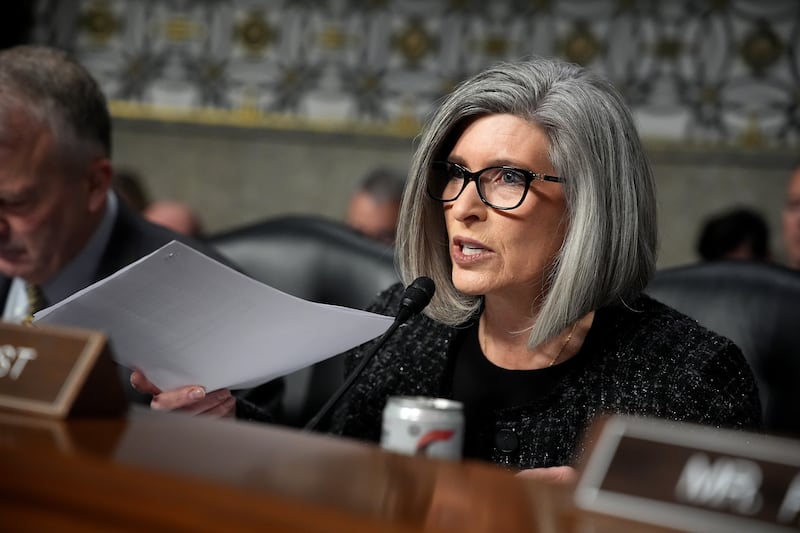 Sen. Joni Ernst questioning Trump's nominee for Secretary of Defense Pete Hegseth during his Senate Armed Services confirmation hearing on Capitol Hill on January 14, 2025.