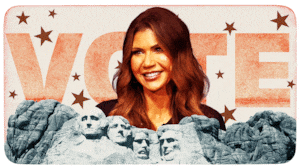 Kristi Noem in front of "VOTE" and Mount Rushmore in the foreground
