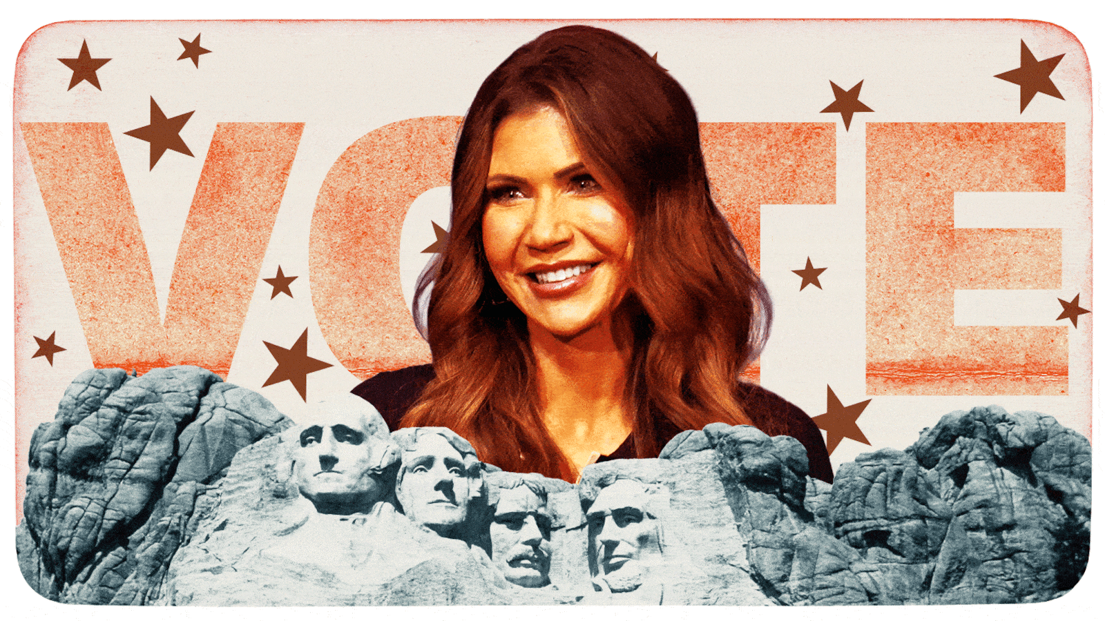 Kristi Noem in front of "VOTE" and Mount Rushmore in the foreground