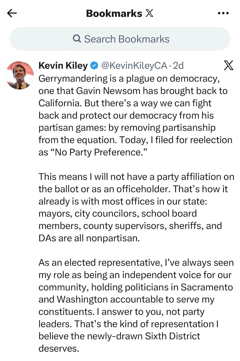 Rep. Kiley announced that he would be running for reelection without affiliation to either political party.