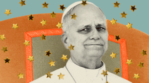 Pope Leo with gold stars on top looking off to the side in an animated gif