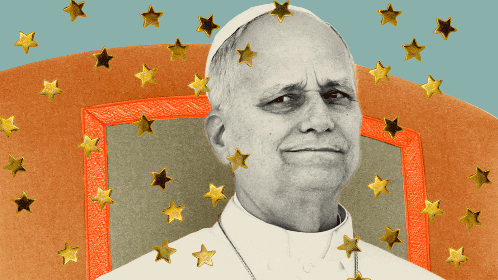 Pope Leo with gold stars on top looking off to the side in an animated gif